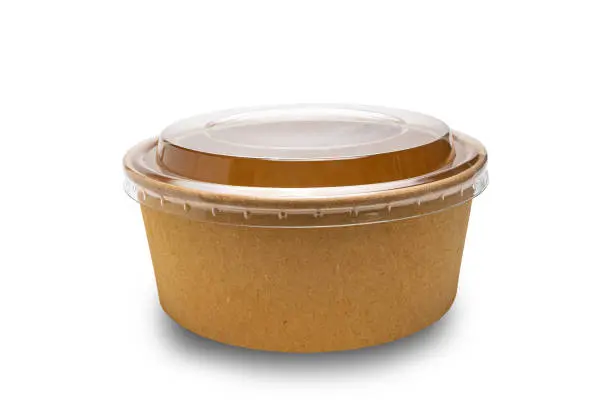 Side view of disposable food container with lid