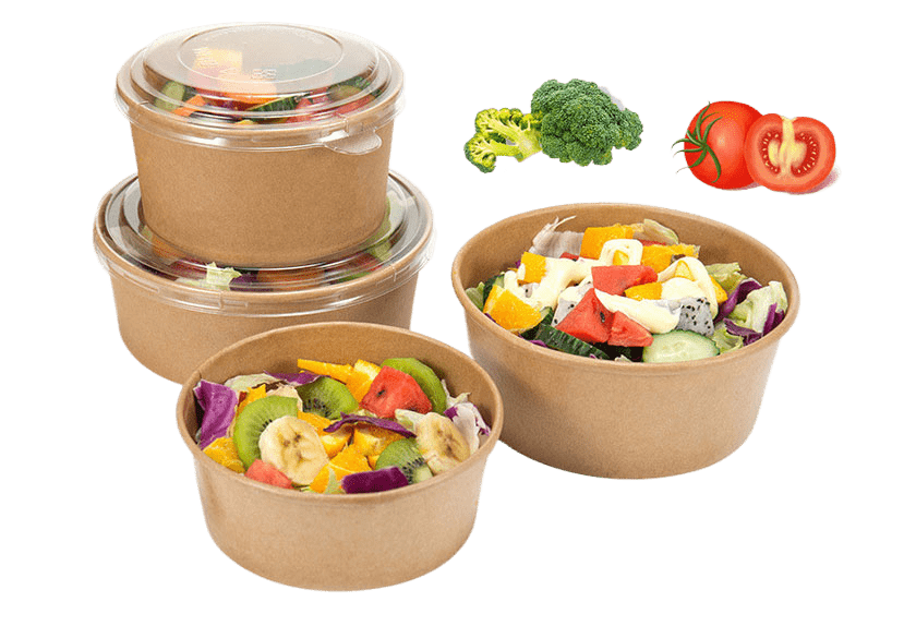 a set of paper bowls with fruite